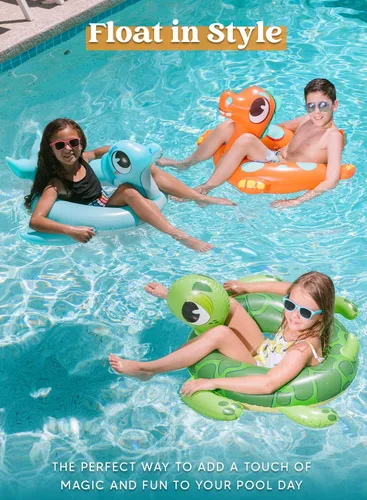 Miniatura 2 de SLOOSH Paquete de 3 flotadores inflables para piscina, dinosaurio, tortuga marina y delfín, anillos de natación para niños pequeños, piscina playa