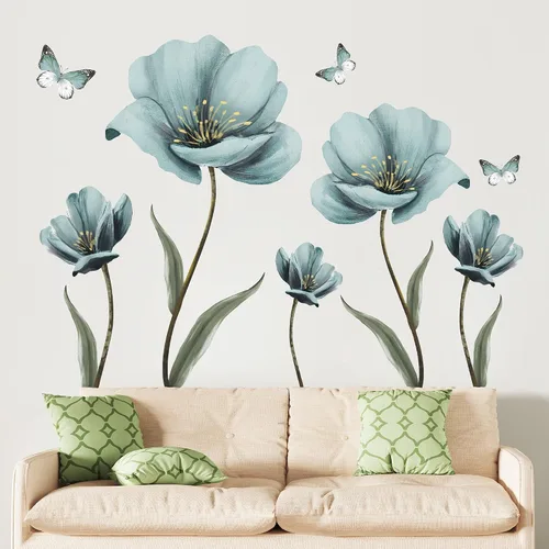 Miniatura 2 de Calcomanías de pared de flores azules de ensueño creativas pintadas con mariposas para pared, pintura romántica, decoración artística, vinilo