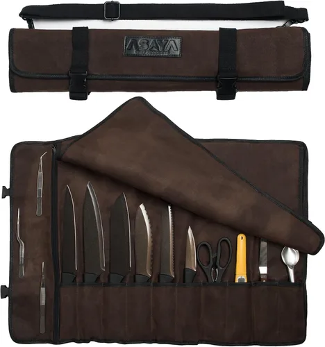 Miniatura 10 de Asaya - Bolsa enrollable de lona para cuchillos de chef - 10 ranuras para cuchillos y un gran bolsillo con cremallera - Funda duradera de lona