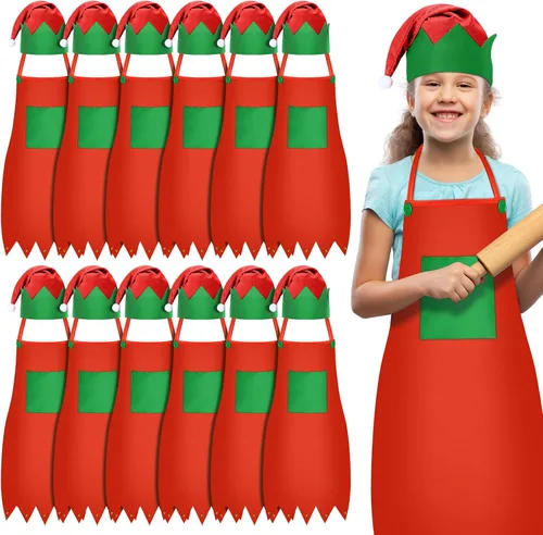 Miniatura 9 de Handepo - Conjunto de delantal y gorro de elfo navideño para niños, sombreros de Papá Noel para niños, suministros de fiesta navideña para niños