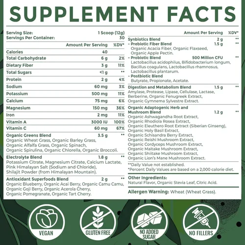 Miniatura 2 de Super Greens - Superalimento en polvo + electrolitos y hierbas tónicas Verdes orgánicos, shilajit, adaptógenos, antioxidantes, preobióticos