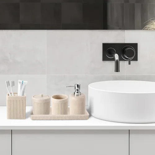 Miniatura 8 de XLHOMO Juego de accesorios de baño de resina beige de 5 piezas, dispensador de jabón y loción, soporte para cepillo de dientes, vaso de baño, porta