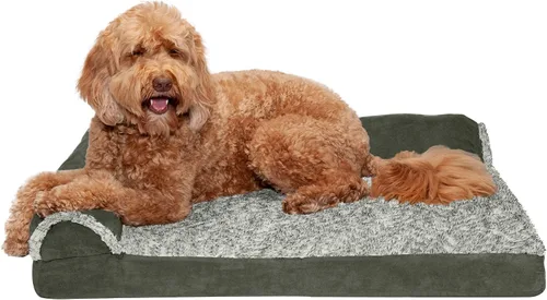 Miniatura 28 de Furhaven - Cama ortopédica de espuma para perros, de piel sintética y gamuza, en forma de L, en dos tonos estilo caja de huevos, color gris piedra