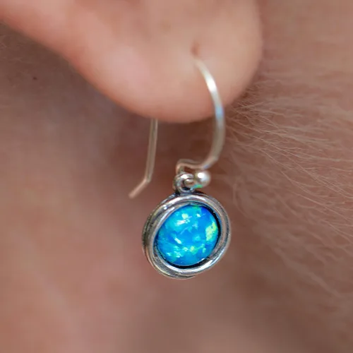 Miniatura 2 de Opal Earrings, Sterling Silver Dangle Earrings for women, Small round Blue Opal silver dangle earring, October Birthstone, Simple Opal earrings