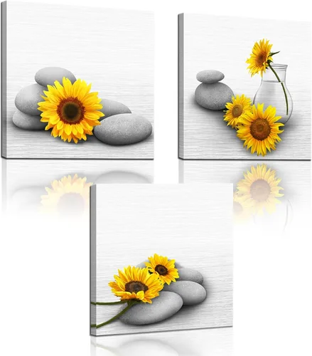 Biuteawal Lienzo de girasol para pared, 3 piezas, pintura amarilla y gris, relajante con piedra zen, ilustraciones impresas para spa, baño, sala de