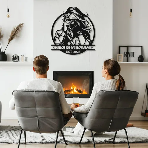 Miniatura 7 de Letrero de metal personalizado para fotógrafo, arte de pared de hierro para cámara y niña con cámara, decoración única con temática de fotografía