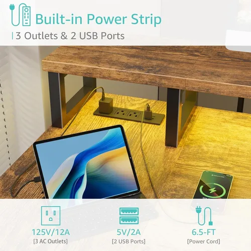 Miniatura 6 de Lufeiya - Escritorio en forma de L para juegos con luces LED y tomas de corriente, escritorio de esquina de 47 pulgadas para oficina en casa
