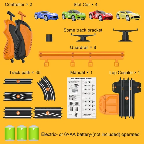 Miniatura 5 de Juegos de pista de carreras de coches de ranura para niños, pista de carreras de coche con batería o eléctrico con 4 coches de ranura de alta