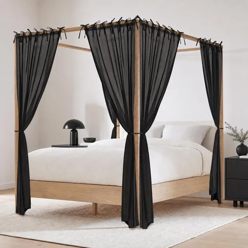RYB HOME Canopy Bed Curtains with Tie Tops and Tie Backs, White Sheer for Twin Full Queen King Bed, 8 Panels, Black, 45 inch Wide by 96 inch Long