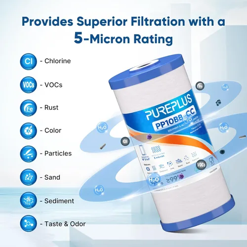 Miniatura 4 de PUREPLUS Cartucho de repuesto para filtro de agua de carbono y sedimentos FXHTC para toda la casa, de 5 micrones, de 10 x 4.5 pulgadas