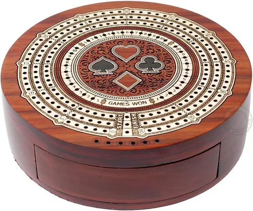 Miniatura 5 de House of Cribbage - Tabla de cuna de 3 pistas de forma redonda no continua - Almacenamiento de cajones para clavijas y 1 baraja de cartas con campos