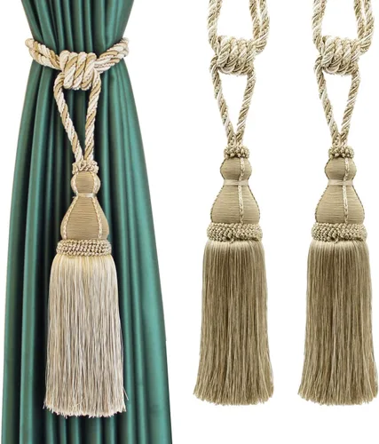 BEL AVENIR Paquete de 2 alzapaños de cortina con borlas, grandes hechos a mano, cuerda para el hogar, oficina, hotel, elegante decorativo (beige)