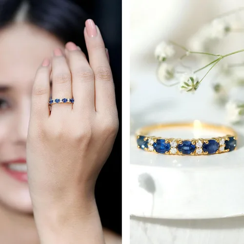 Miniatura 11 de Natural Blue Sapphire Diamond Wedding Band, AAA Quality, Blue Sapphire East West Ring For Women - Ideal For Gift