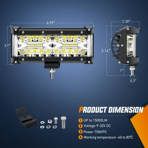 Miniatura 2 de Nilight - Barra de luz lateral de 17,78 cm, triple fila, haz puntual y disperso, luz de trabajo todoterreno para camiones, SUV, ATV, UTV