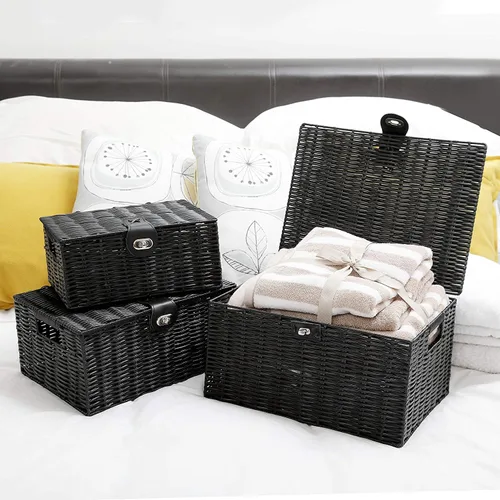 Miniatura 3 de Honygebia - Canastas de almacenamiento de mimbre negro - Juego de 3 cajas decorativas anidadas con tapas, canasta tejida con cerradura y asa