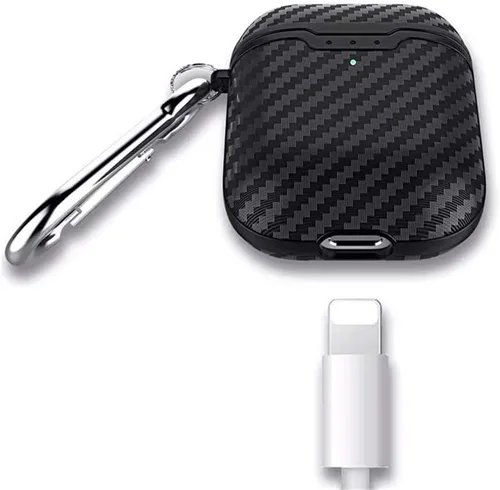 Miniatura 4 de Compatible con auriculares Airpods 1 y 2, fibra de carbono fresco grano militar anti-caída flexible TPU protector antidedos con llavero negro