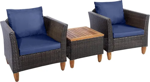 Miniatura 9 de COSTWAY Juego de muebles de ratán para patio, 3 piezas, sillas de conversación de ratán para exteriores con cojines suaves y mesa de madera de Beige