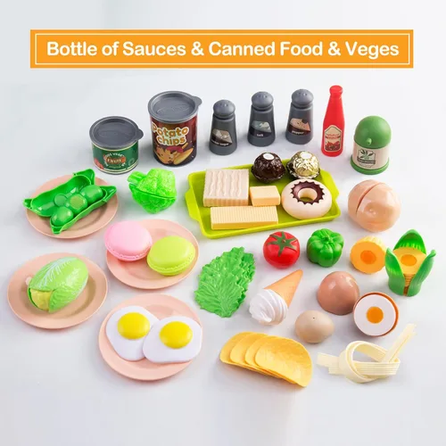 Miniatura 5 de Juego de cocina de 150 piezas, accesorios de utensilios de cocina de juguete para niños pequeños, comida, manta de picnic, frutas, verduras, paquete