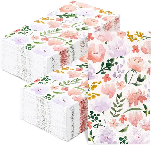 JarThenaAMCS 100 servilletas de papel floral desechables para baño, acuarela, hojas de flores silvestres, toalla de mano, servilletas de cena para