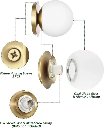 Miniatura 5 de Apliques de Pared, 1 Luz Aplique Moderno de Globo en Latón Envejecido, Luz de Pared para Dormitorio Baño Sala de Estar y Pasillo Iluminación