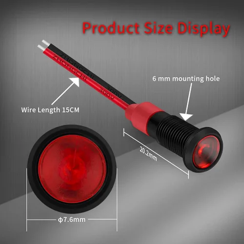 Miniatura 3 de DaierTek Luz Indicadora LED de 1/4" 12 Voltios 6mm 12V Lámpara Piloto Roja IP67 Impermeable Material de Aluminio Metal Bisel Negro Marino con Cables
