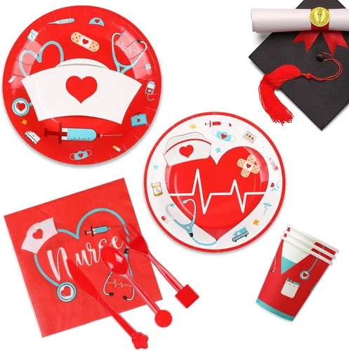 Miniatura 3 de Yisong 168 piezas de decoraciones de fiesta de graduación de enfermera, juego de vajilla de cumpleaños médico para 24 invitados, platos de postre