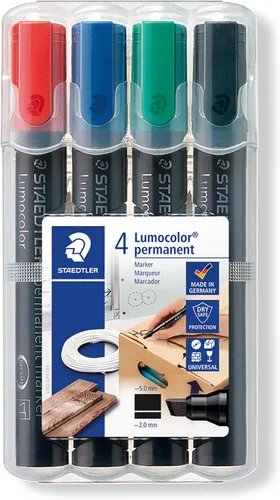 Staedtler Lumocolor - Marcador permanente, punta de cincel ancha, recargable, caja de 4 marcadores de colores surtidos (rojo, azul, verde, negro)