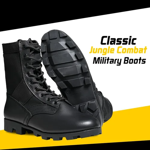 Miniatura 8 de Botas militares de WIDEWAY para hombres, botas de combate de jungla tácticas de cuero resistente al deslizamiento, negras, para hombres, todo