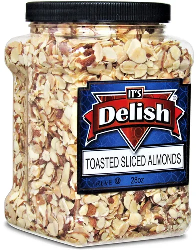 It's Delish - Almendras tostadas gourmet en rodajas – Recipiente jumbo reutilizable a granel de 28 onzas – Horno de primera calidad tostadas frescas