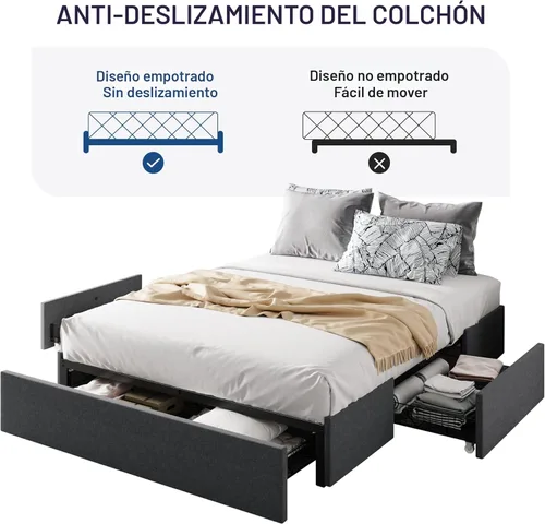 Miniatura 8 de Allewie - Base de cama tamaño matrimonial con plataforma, 3 cajones de almacenamiento, tapizada en tela, soporte de listones de madera, no necesita