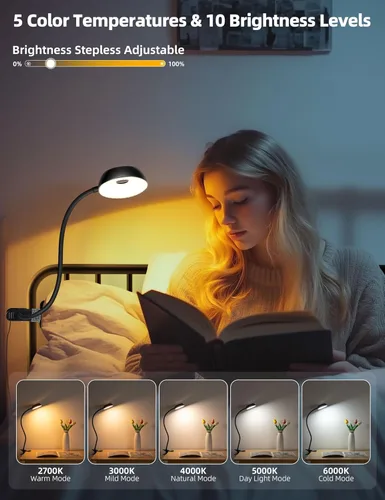Miniatura 2 de LiFMIRA Luz de lectura para cabeceros de cama, luz LED con clip, luz de lectura con abrazadera, lámpara de escritorio amigable con los ojos, 3 modos