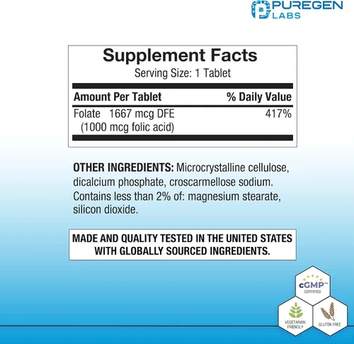 Miniatura 2 de Puregen Labs - Tabletas de ácido fólico de 1000 mcg Vitamina B9 Sin OMG Sin gluten Tamaño de valor de 1000 comprimidos