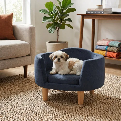 Miniatura 2 de HomePop Cama tapizada curvada para mascotas - Cama redonda de lujo para gatos y perros, muebles de terciopelo azul para mascotas