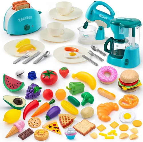 JOYIN 50 juguetes de plástico para niños, juego de cocina de simulación, juguetes de cocina, juego de electrodomésticos de cocina con cafetera,