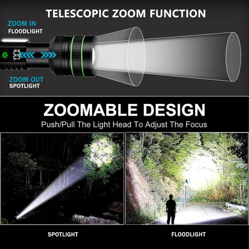 Miniatura 4 de KZK Linterna recargable de 9000 lúmenes altos con mango largo, potente linterna de mano con 11 modos de luz, impermeable y zoomable para el hogar