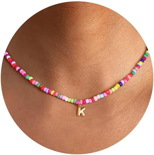 Miniatura 14 de M MOOHAM Collares con iniciales de cuentas coloridas para niñas, mujeres y niños, lindo collar de letras bohemias con cuentas delicadas, joyería