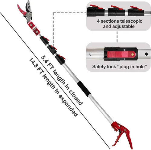 Miniatura 2 de Podadora de árboles extensible de 5.4 a 14.8 pies, 4 secciones, cortadoras telescópicas de corte y sujeción, sierras de poste, tijeras de podar