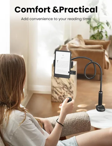 Miniatura 8 de VOLTIFYMAX Soporte de cuello de cisne para Kindle con volteador de páginas remoto para leer en la cama, soporte para tablet para escritorio, brazo