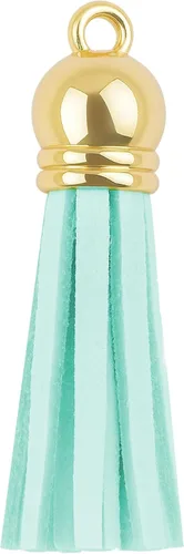 Miniatura 4 de Mandala Crafts 100 borlas de gamuza sintética color aguamarina con tapa dorada, suministros para hacer llaveros a granel, pequeñas borlas de cuero
