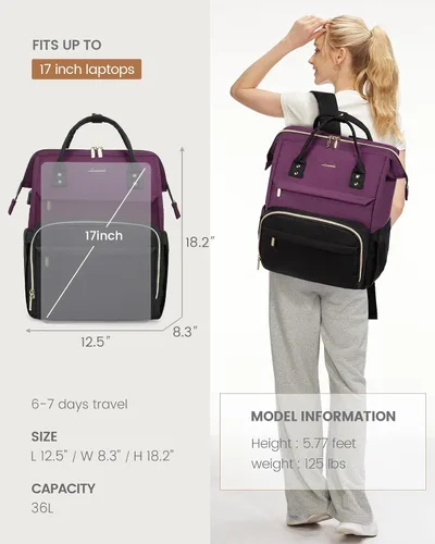 Miniatura 4 de LOVEVOOK - Mochila para ordenador portátil de viaje para mujer, de 18 pulgadas, de gran capacidad, mochila de mano al aire libre, con monedero