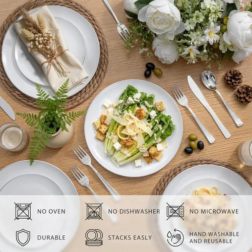 Miniatura 9 de KIRE 100 platos de plástico plateado, platos desechables blancos resistentes con borde plateado para fiesta/boda, incluye 50 platos llanos de 10.25