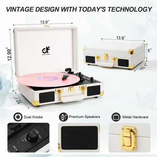 Miniatura 8 de Tocadiscos de vinilo Bluetooth, tocadiscos portátil vintage de 3 velocidades con 2 altavoces integrados, grabación USB, tocadiscos para Blanco