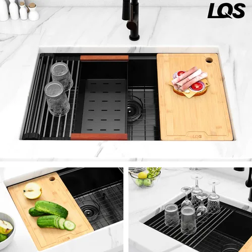 Miniatura 6 de LQS Fregadero de Cocina Empotrado Negro, Fregadero de Estación de Trabajo de Cocina Empotrado de 32 Pulgadas con Línea de Drenaje en Forma de X