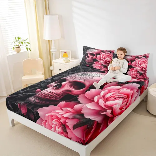 Miniatura 9 de Erosebridal Sábanas de cama de polilla de la muerte, sábana bajera ajustable de calavera gótica, tamaño individual, sábanas florales de flores