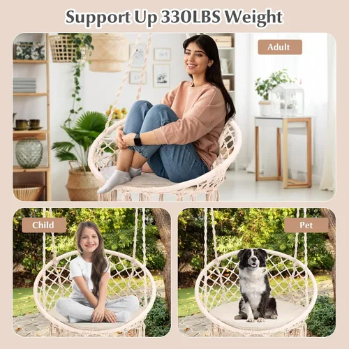 Miniatura 8 de Tangkula Silla hamaca con cojín, estilo bohemio de macramé con kit de accesorios para colgar y correa, columpio de cuerda colgante para interiores