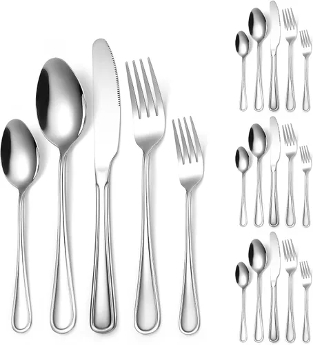 Miniatura 13 de Modern Silverware - Juego de cubiertos martillados de acero inoxidable de 20 piezas para 4 personas, incluye tenedores, cucharas, cuchillos, plateado