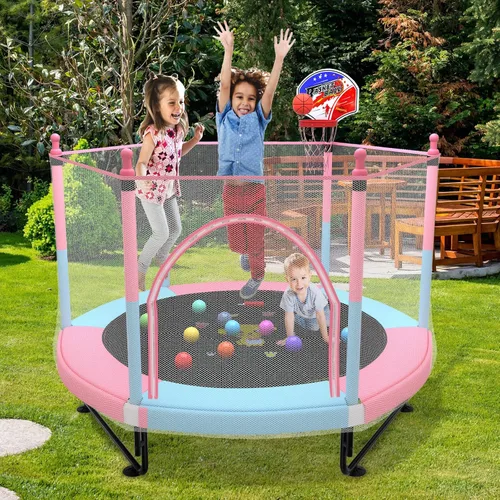 Miniatura 5 de Trampolín de 5 pies para niños pequeños con red de seguridad, mini aro de baloncesto, tapete de salto para equipo de entretenimiento en el hogar