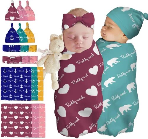 Miniatura 13 de Juego de manta personalizada para bebé con diadema acogedora y sombrero para niñas y niños recién nacidos, manta personalizada con nombre de bebé