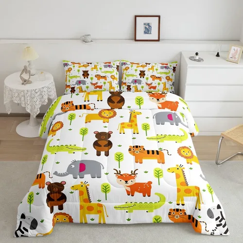 Miniatura 2 de Erosebridal Juego de ropa de cama individual de animales del zoológico para niños, lindo juego de edredón de animales salvajes de dibujos animados