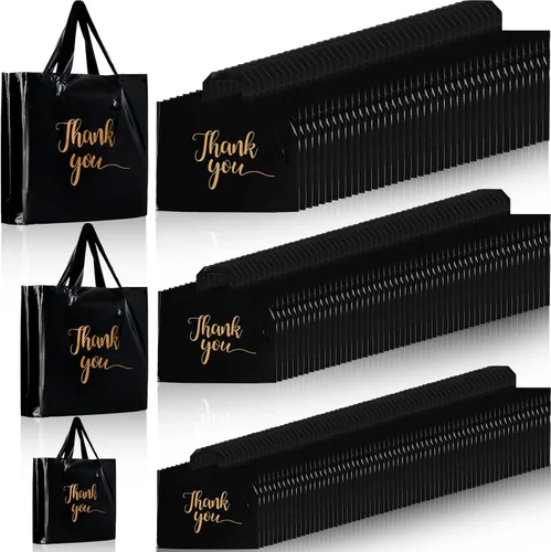 Teling 200 piezas de bolsas de agradecimiento con asas al por mayor, bolsas de mercancía con texto "Thank You" (Agradecimiento) en 3 tamaños, Negro